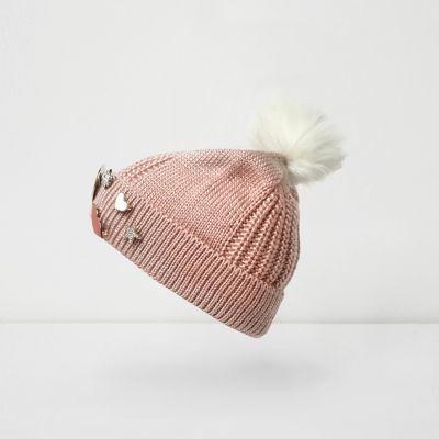 Girls pink knit badge bobble hat